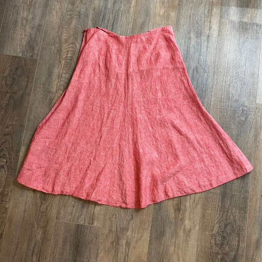 Womens Coral Red 100% Linen A-Line Flare Midi Skirt Size 8, Summer, Spring